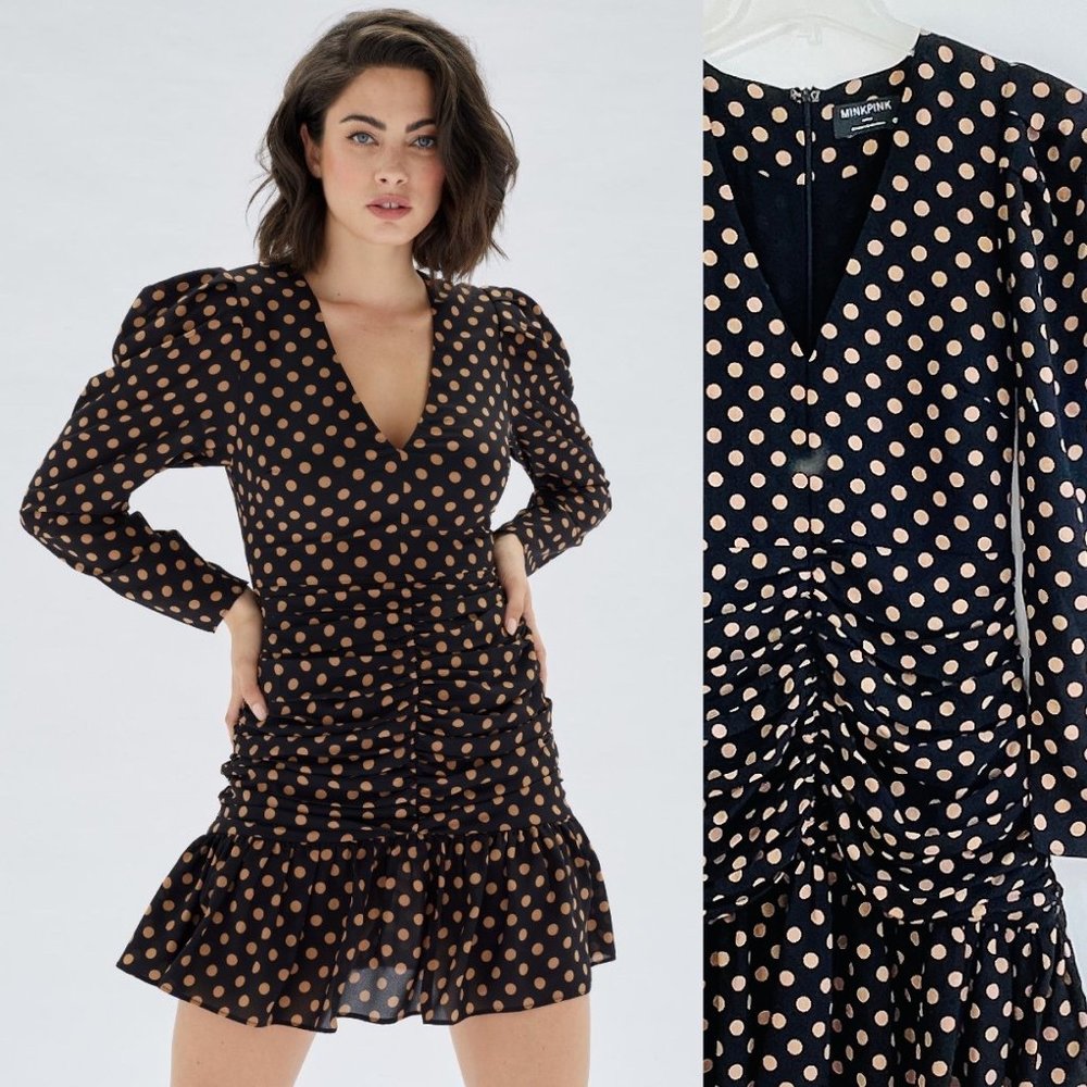 Mink Pink Mini Dress Small Ayat Ruched Polka Dot Ruched Ruffle Hem Long Sleeve